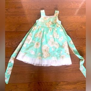 Toddler girl dress, beautiful turquoise and gold shimmer, ivory white flowers